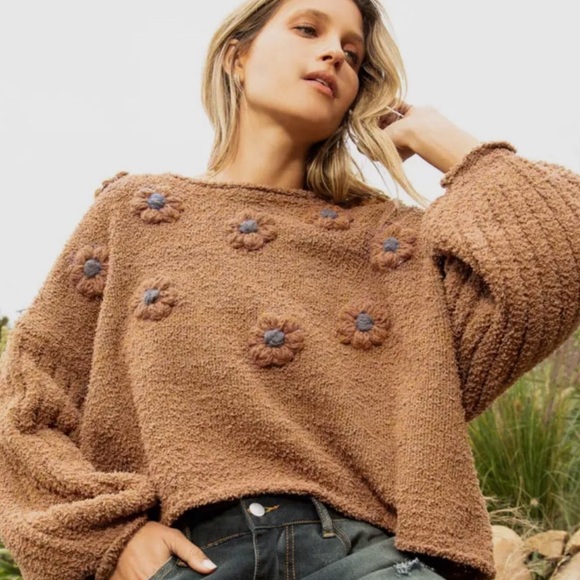 1 LEFT POL Cozy Cute Brown Textured Knit Sweater | Flower Patchwork - Picture 5 of 5